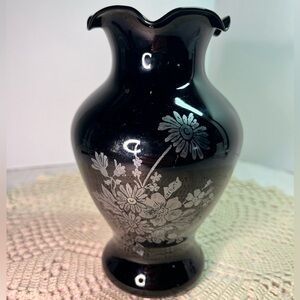 Vintage 1930s Black Amethyst Glass Vase w/ Sterling Silver Floral Overlay